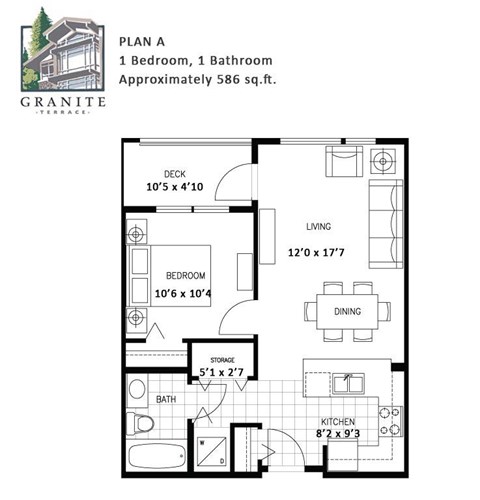 Floor plan for 1 bed, 1 bath, 586 sqft